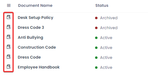 A screenshot that shows the icons beside each item in a data table. The icons are also links that can be clicked in order to open an item in a table.